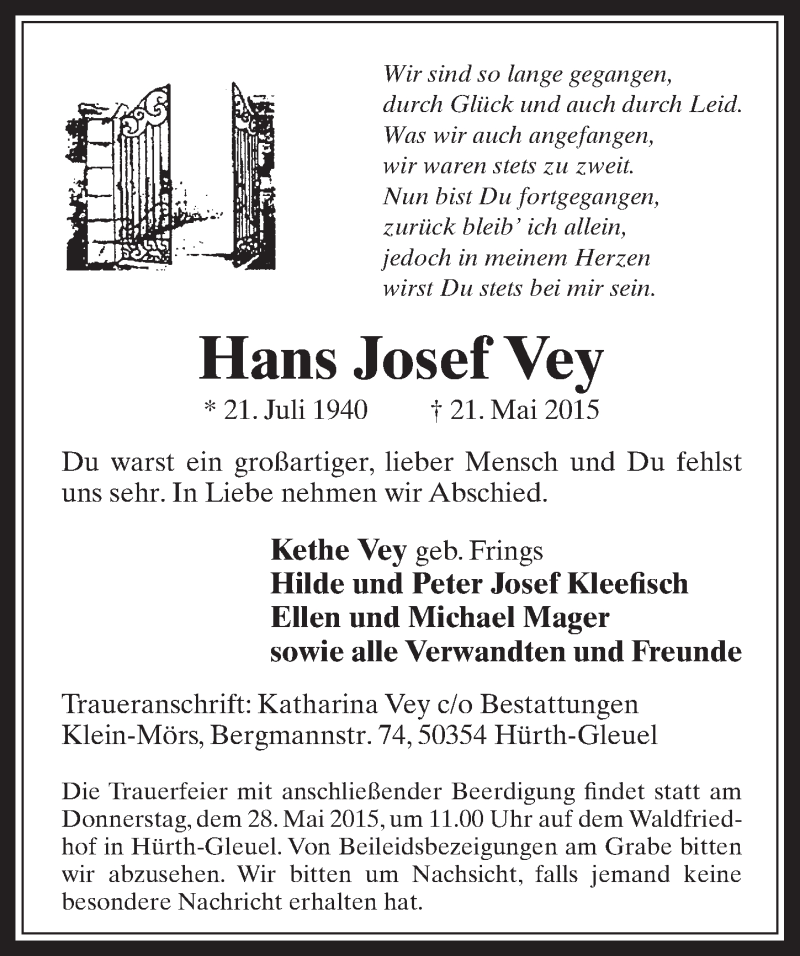  Traueranzeige für Hans Josef Vey vom 27.05.2015 aus  Wochenende 