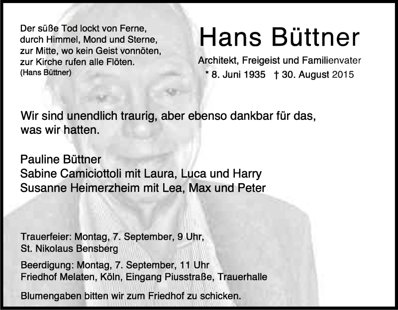  Traueranzeige für Hans Büttner vom 04.09.2015 aus Kölner Stadt-Anzeiger / Kölnische Rundschau / Express