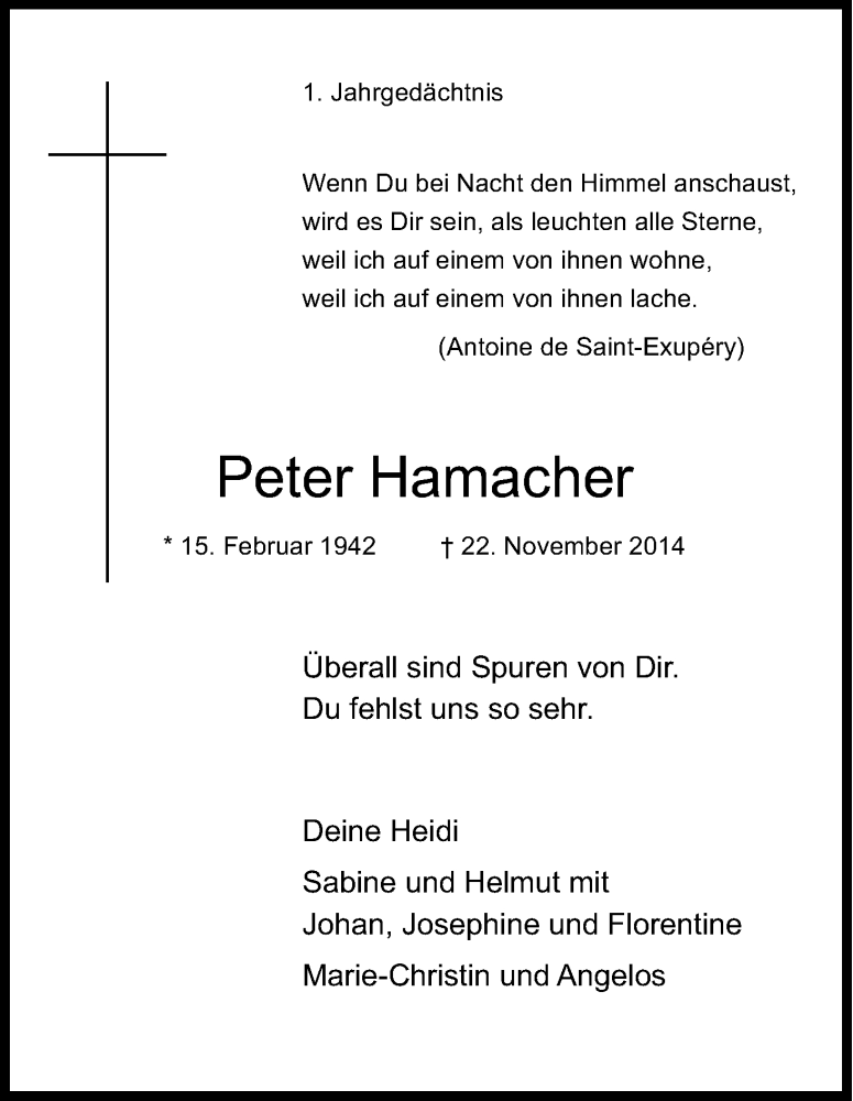  Traueranzeige für Peter Hamacher vom 21.11.2015 aus Kölner Stadt-Anzeiger / Kölnische Rundschau / Express