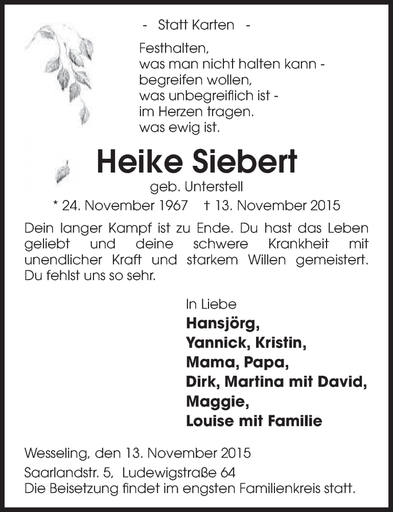  Traueranzeige für Heike Siebert vom 25.11.2015 aus  Schlossbote/Werbekurier 