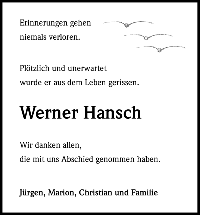  Traueranzeige für Werner Hansch vom 05.09.2015 aus Kölner Stadt-Anzeiger / Kölnische Rundschau / Express