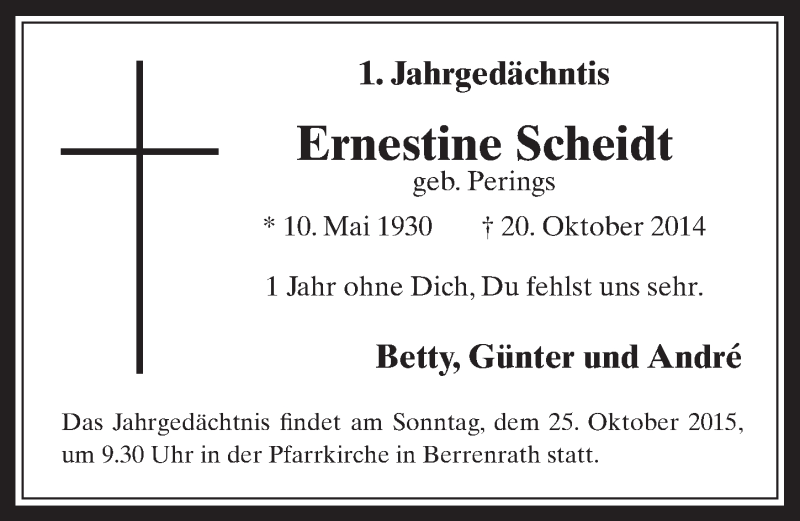  Traueranzeige für Ernestine Scheidt vom 21.10.2015 aus  Wochenende 