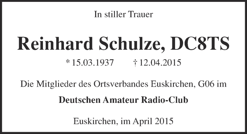 Traueranzeige für Reinhard Schulze vom 19.04.2015 aus  Blickpunkt Euskirchen 
