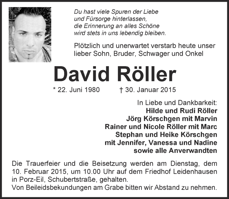  Traueranzeige für David Röller vom 04.02.2015 aus  Kölner Wochenspiegel 