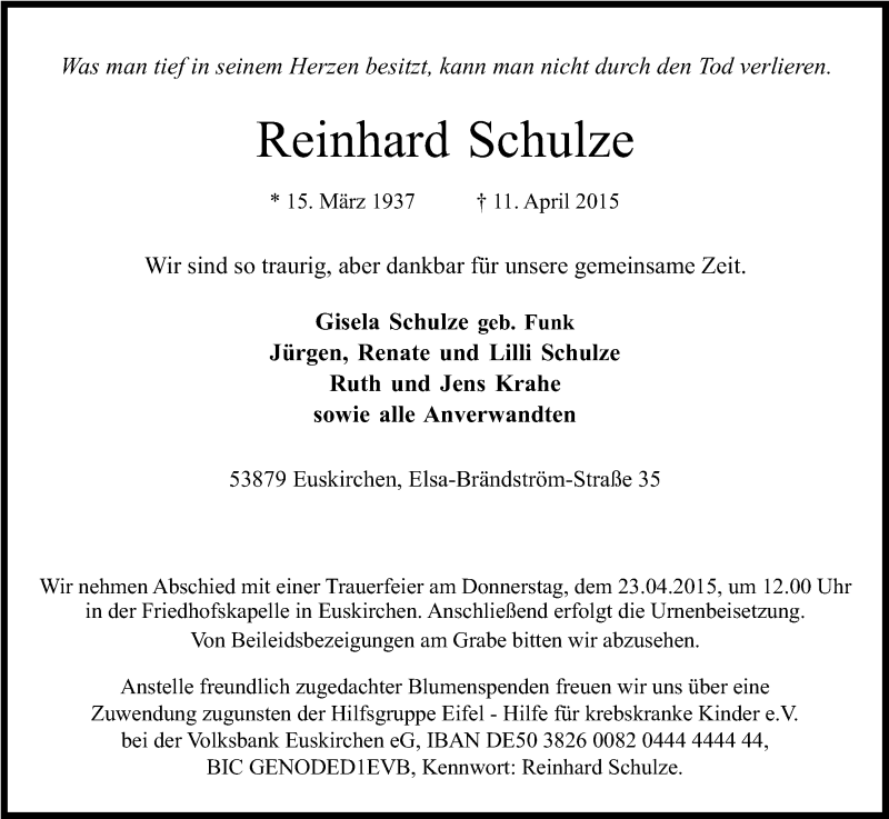  Traueranzeige für Reinhard Schulze vom 15.04.2015 aus Kölner Stadt-Anzeiger / Kölnische Rundschau / Express
