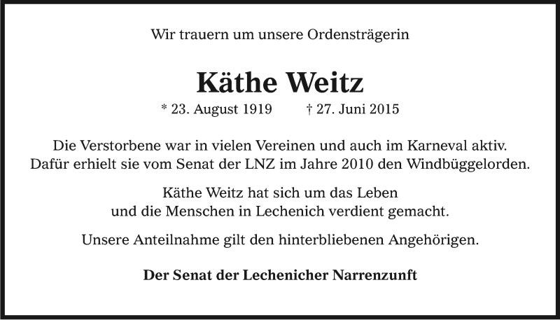  Traueranzeige für Käthe Weitz vom 02.07.2015 aus Kölner Stadt-Anzeiger / Kölnische Rundschau / Express