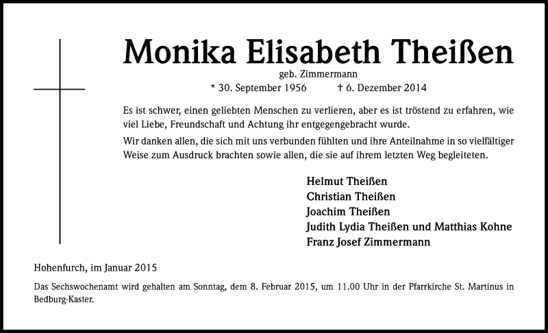  Traueranzeige für Monika Elisabeth Theißen vom 21.01.2015 aus Kölner Stadt-Anzeiger / Kölnische Rundschau / Express