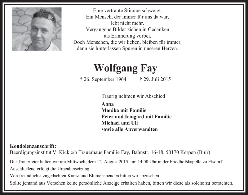  Traueranzeige für Wolfgang Fay vom 08.08.2015 aus  Sonntags-Post 