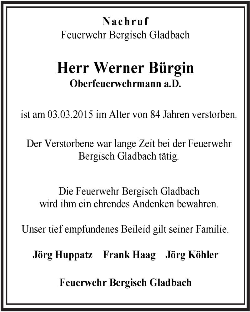  Traueranzeige für Werner Bürgin vom 28.03.2015 aus  Bergisches Sonntagsblatt 