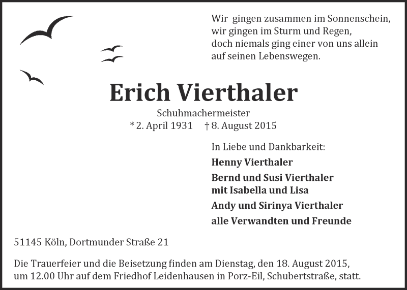  Traueranzeige für Erich Vierthaler vom 12.08.2015 aus  Kölner Wochenspiegel 