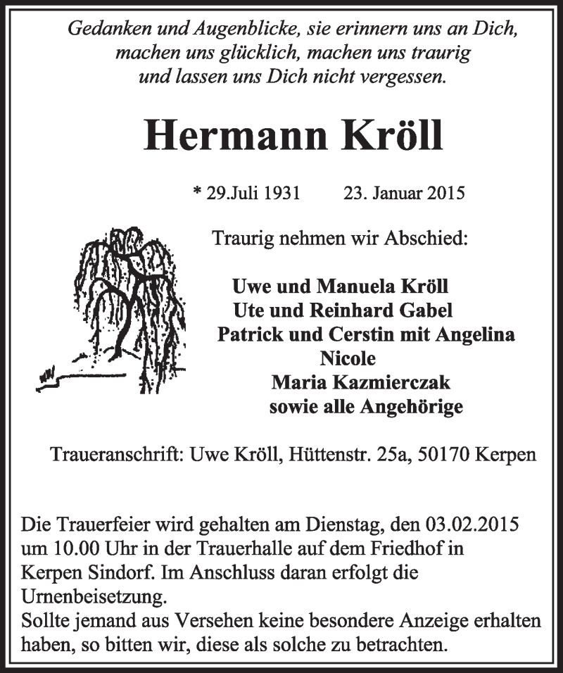  Traueranzeige für Hermann Kröll vom 31.01.2015 aus  Sonntags-Post 