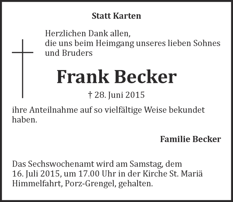  Traueranzeige für Frank Becker vom 12.08.2015 aus  Kölner Wochenspiegel 