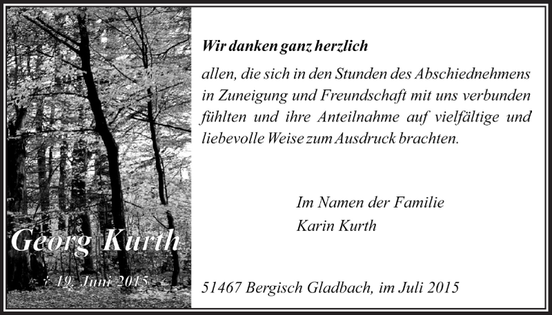  Traueranzeige für Georg Kurth vom 08.07.2015 aus  Bergisches Handelsblatt 