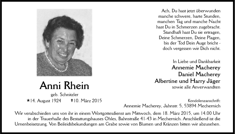  Traueranzeige für Anni Rhein vom 15.03.2015 aus  Blickpunkt Euskirchen 