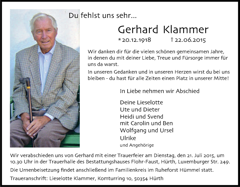  Traueranzeige für Gerhard Klammer vom 04.07.2015 aus Kölner Stadt-Anzeiger / Kölnische Rundschau / Express