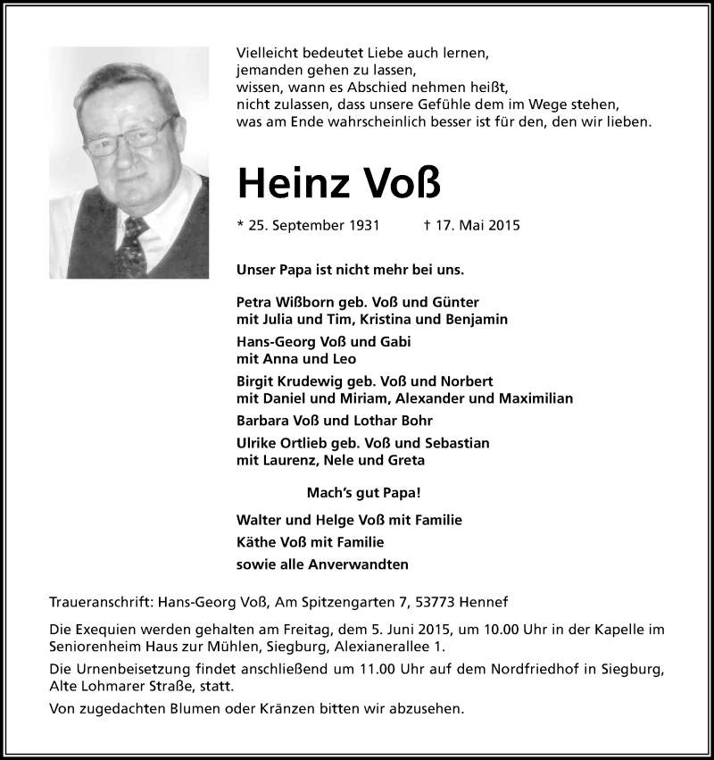  Traueranzeige für Heinz Voß vom 29.05.2015 aus Kölner Stadt-Anzeiger / Kölnische Rundschau / Express