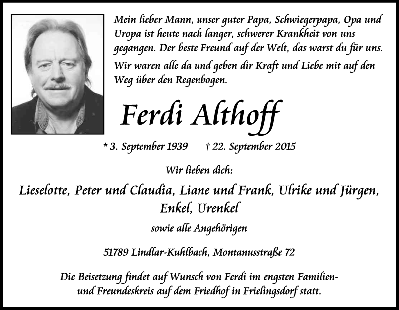  Traueranzeige für Ferdi Althoff vom 26.09.2015 aus Kölner Stadt-Anzeiger / Kölnische Rundschau / Express