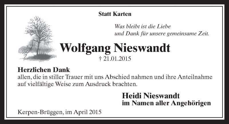  Traueranzeige für Wolfgang Nieswandt vom 18.04.2015 aus  Sonntags-Post 