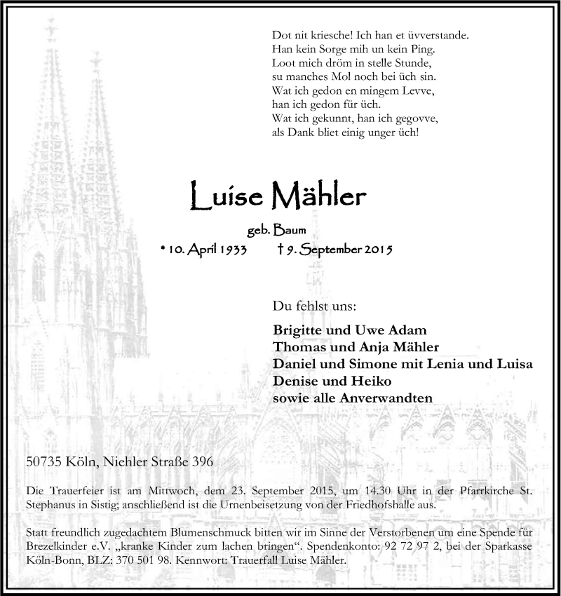  Traueranzeige für Luise Mähler vom 12.09.2015 aus Kölner Stadt-Anzeiger / Kölnische Rundschau / Express