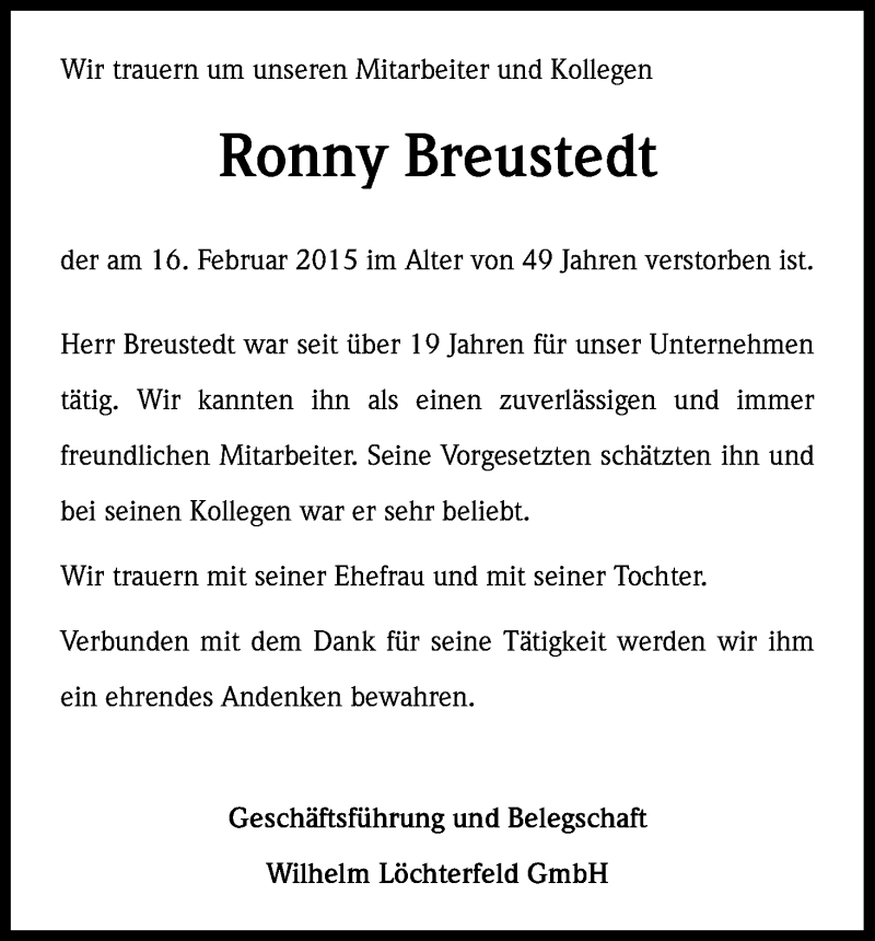 Traueranzeige für Ronny Breustedt vom 26.02.2015 aus Kölner Stadt-Anzeiger / Kölnische Rundschau / Express