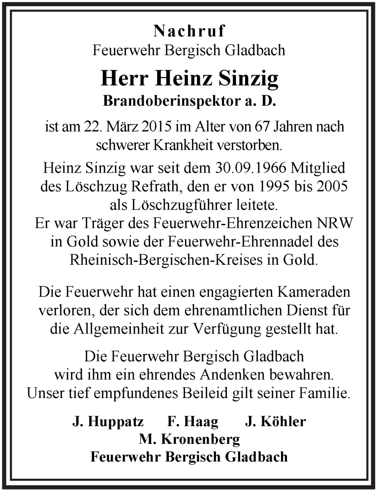  Traueranzeige für Heinz Sinzig vom 28.03.2015 aus  Bergisches Sonntagsblatt 