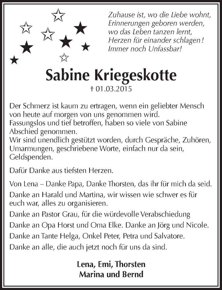  Traueranzeige für Sabine Kriegeskotte vom 15.04.2015 aus  Lokalanzeiger 