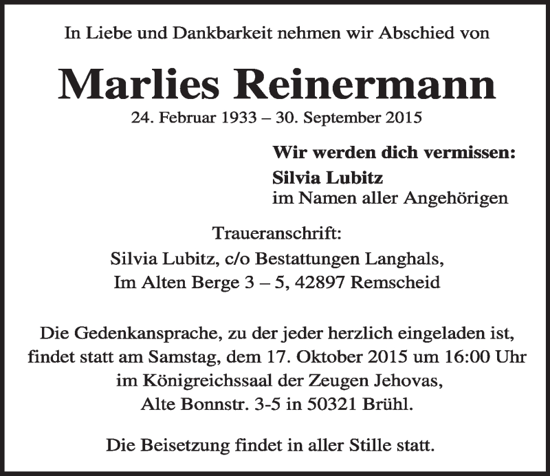  Traueranzeige für Marlies Reinermann vom 07.10.2015 aus  Schlossbote/Werbekurier 