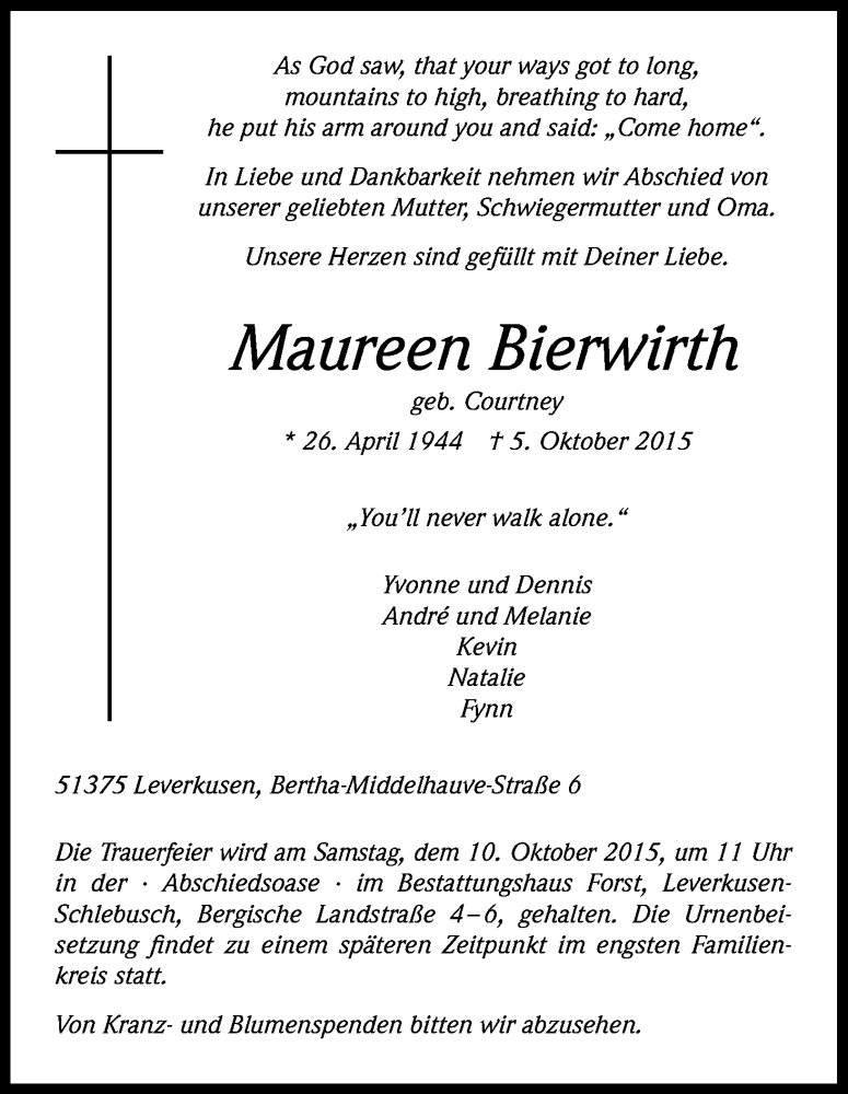  Traueranzeige für Maureen Bierwirth vom 07.10.2015 aus Kölner Stadt-Anzeiger / Kölnische Rundschau / Express
