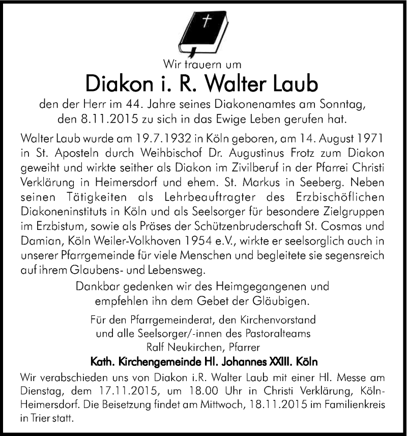  Traueranzeige für Walter Laub vom 14.11.2015 aus Köln - Wir Trauern
