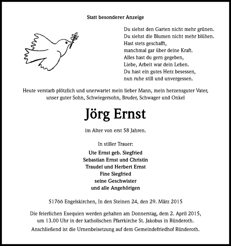  Traueranzeige für Jörg Ernst vom 31.03.2015 aus Kölner Stadt-Anzeiger / Kölnische Rundschau / Express