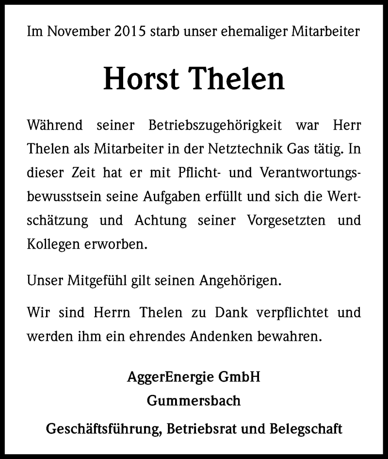  Traueranzeige für Horst Thelen vom 27.11.2015 aus Kölner Stadt-Anzeiger / Kölnische Rundschau / Express