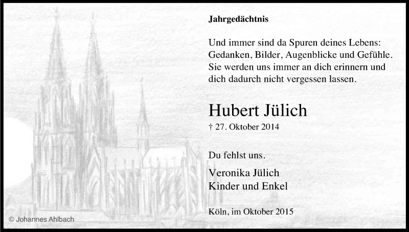  Traueranzeige für Hubert Jülich vom 27.10.2015 aus Kölner Stadt-Anzeiger / Kölnische Rundschau / Express