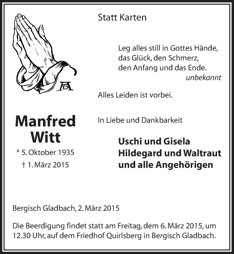  Traueranzeige für Manfred Witt vom 04.03.2015 aus  Bergisches Handelsblatt 