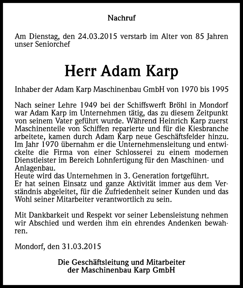  Traueranzeige für Adam Karp vom 04.04.2015 aus Kölner Stadt-Anzeiger / Kölnische Rundschau / Express