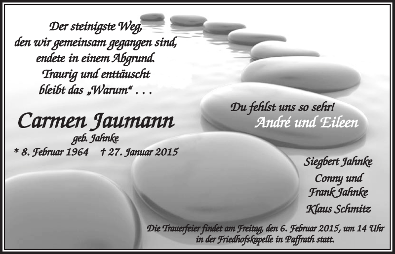  Traueranzeige für Carmen Jaumann vom 31.01.2015 aus  Bergisches Sonntagsblatt 