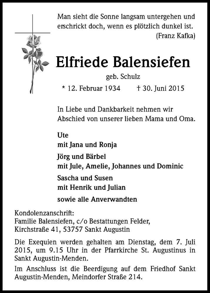  Traueranzeige für Elfriede Balensiefen vom 02.07.2015 aus Kölner Stadt-Anzeiger / Kölnische Rundschau / Express