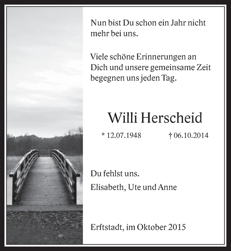  Traueranzeige für Willi Herscheid vom 07.10.2015 aus  Werbepost 