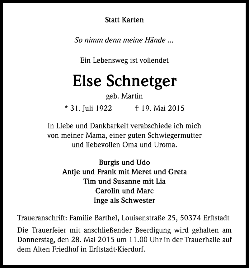  Traueranzeige für Else Schnetger vom 27.05.2015 aus Kölner Stadt-Anzeiger / Kölnische Rundschau / Express