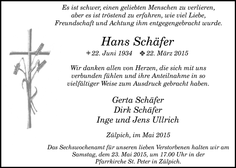 Traueranzeige für Hans Schäfer vom 10.05.2015 aus  Blickpunkt Euskirchen 