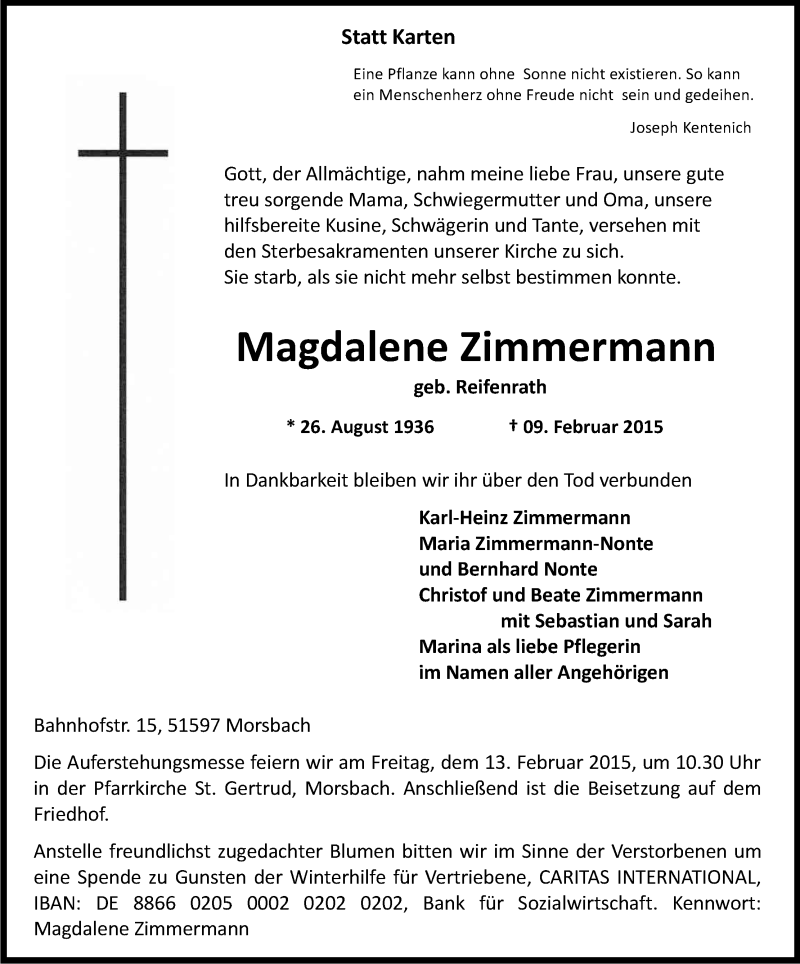  Traueranzeige für Magdalene Zimmermann vom 11.02.2015 aus Kölner Stadt-Anzeiger / Kölnische Rundschau / Express