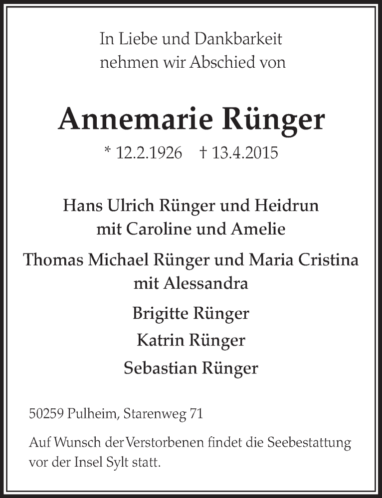  Traueranzeige für Annemarie Rünger vom 18.04.2015 aus  Sonntags-Post 