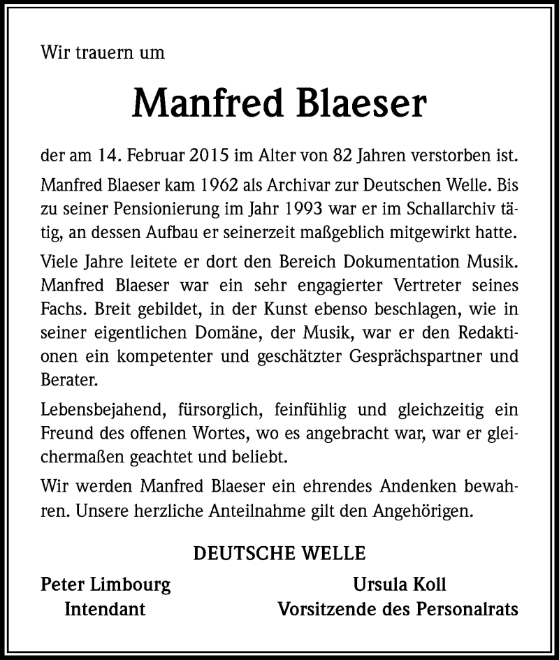  Traueranzeige für Manfred Blaeser vom 06.03.2015 aus Kölner Stadt-Anzeiger / Kölnische Rundschau / Express