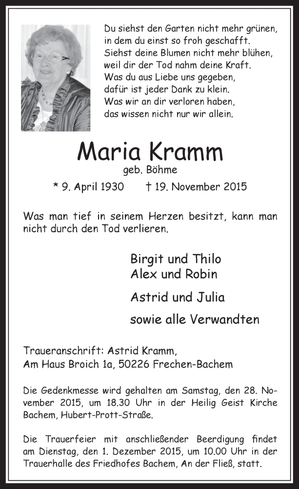  Traueranzeige für Maria Kramm vom 25.11.2015 aus  Wochenende 