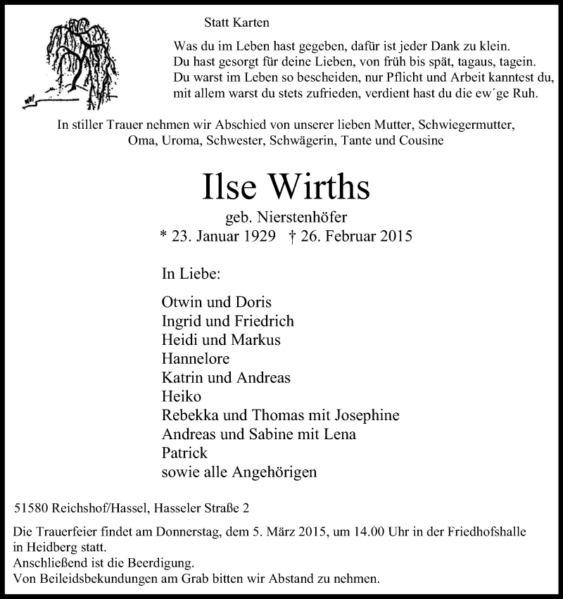  Traueranzeige für Ilse Wirths vom 28.02.2015 aus Kölner Stadt-Anzeiger / Kölnische Rundschau / Express