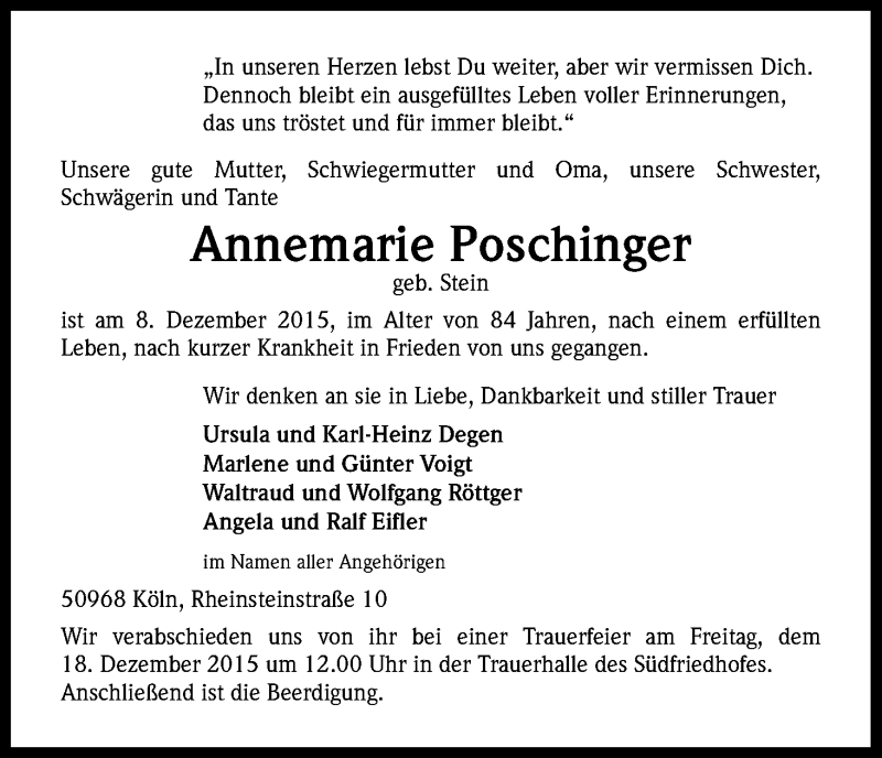  Traueranzeige für Annemarie Poschinger vom 12.12.2015 aus Kölner Stadt-Anzeiger / Kölnische Rundschau / Express