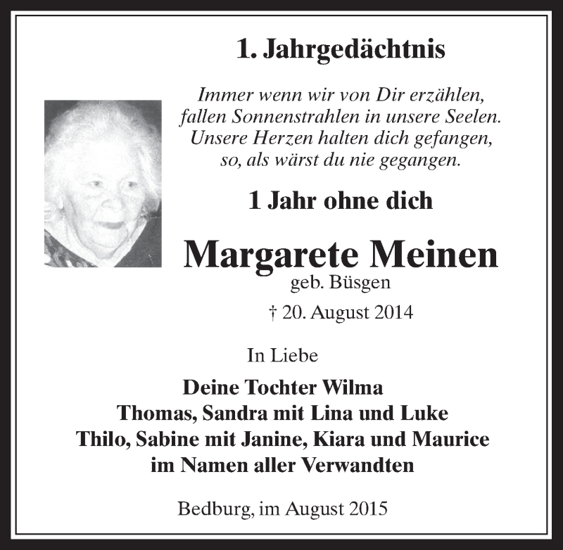  Traueranzeige für Margarete Meinen vom 26.08.2015 aus  Werbepost 