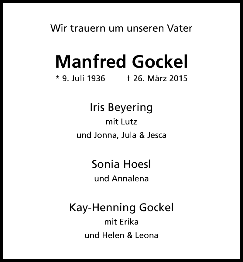  Traueranzeige für Manfred Gockel vom 04.04.2015 aus Kölner Stadt-Anzeiger / Kölnische Rundschau / Express
