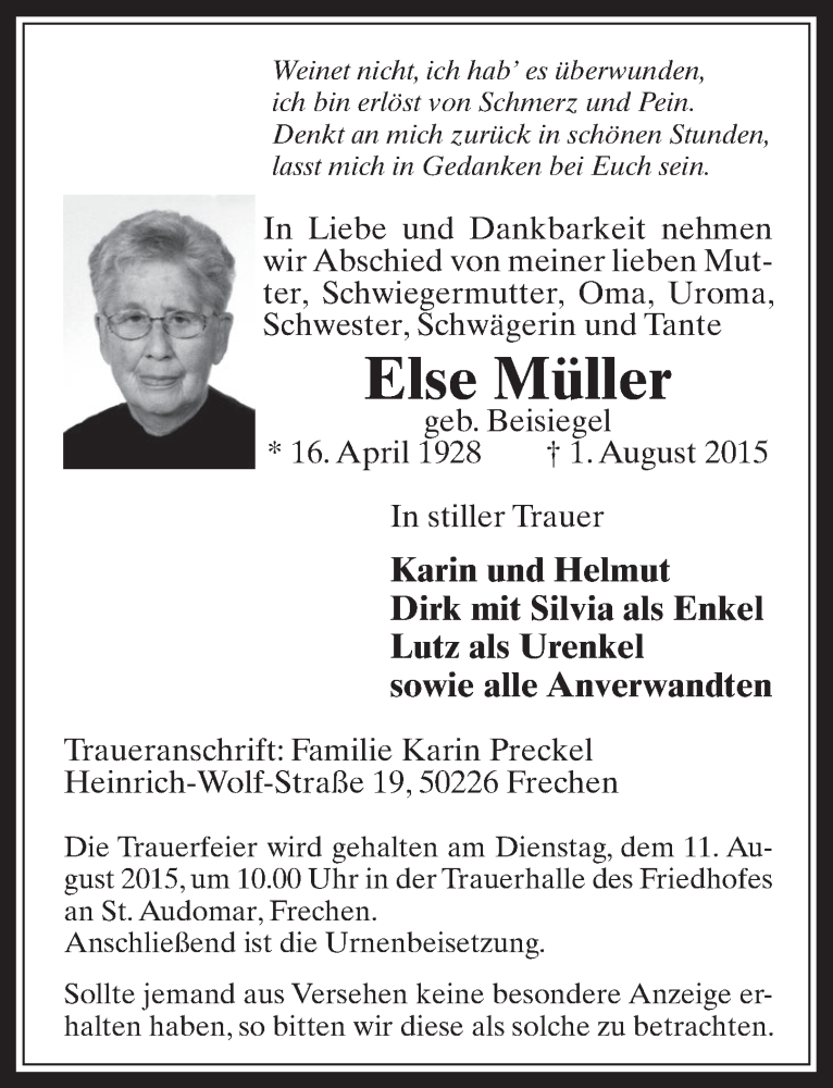  Traueranzeige für Else Müller vom 05.08.2015 aus  Wochenende 