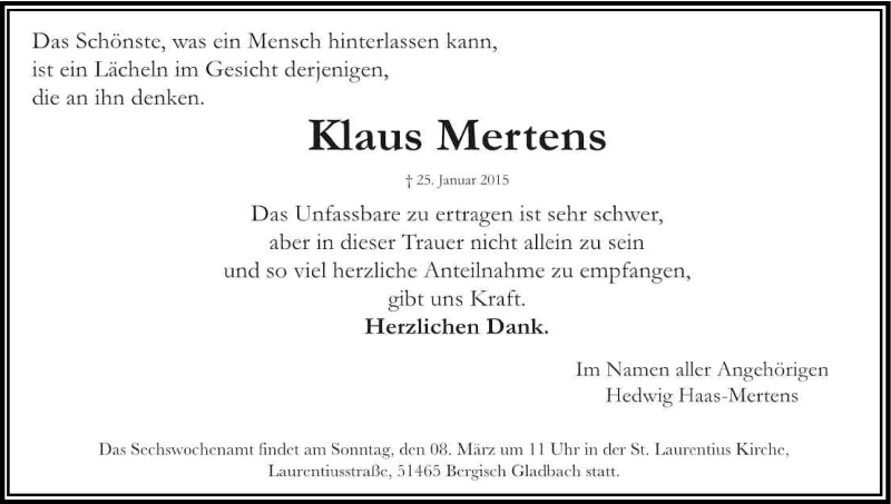  Traueranzeige für Klaus Mertens vom 28.02.2015 aus Kölner Stadt-Anzeiger / Kölnische Rundschau / Express