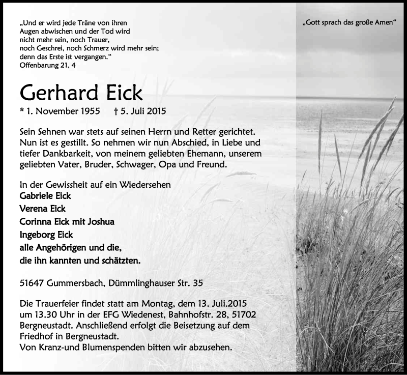  Traueranzeige für Gerhard Eick vom 08.07.2015 aus Kölner Stadt-Anzeiger / Kölnische Rundschau / Express